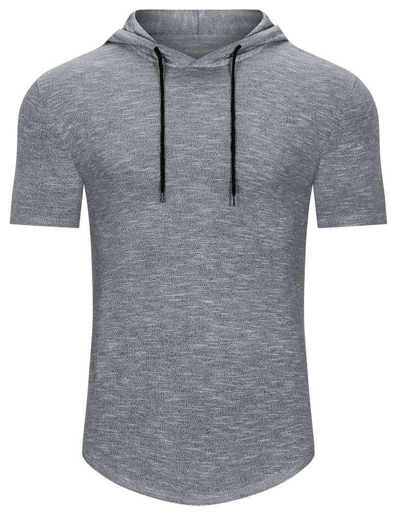 Back view of a man in a navy short-sleeve athletic hoodie, perfect for performance apparel