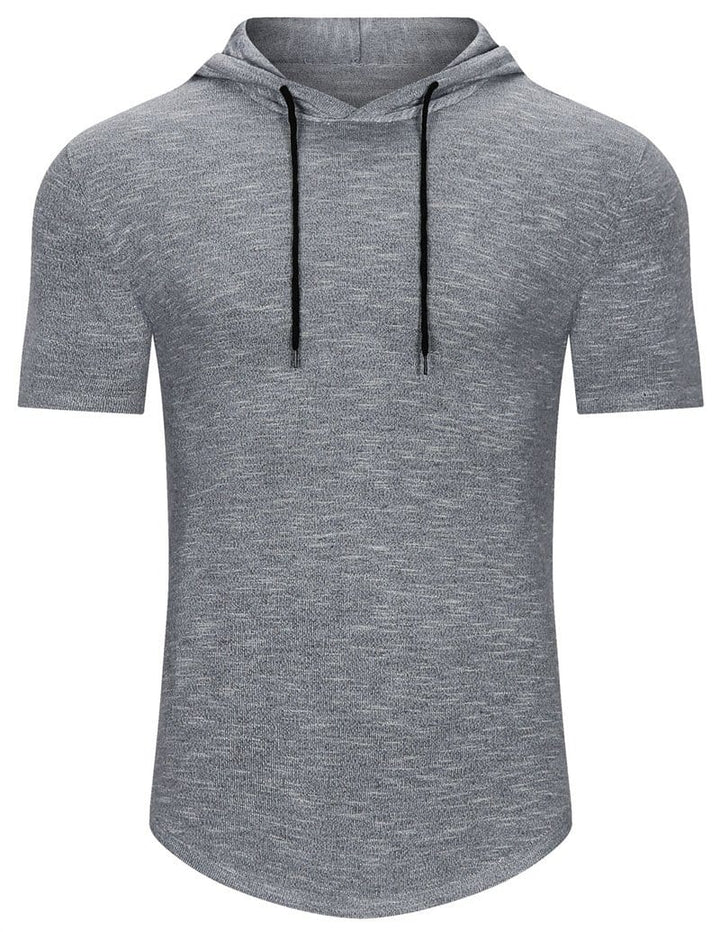 Back view of a man in a navy short-sleeve athletic hoodie, perfect for performance apparel