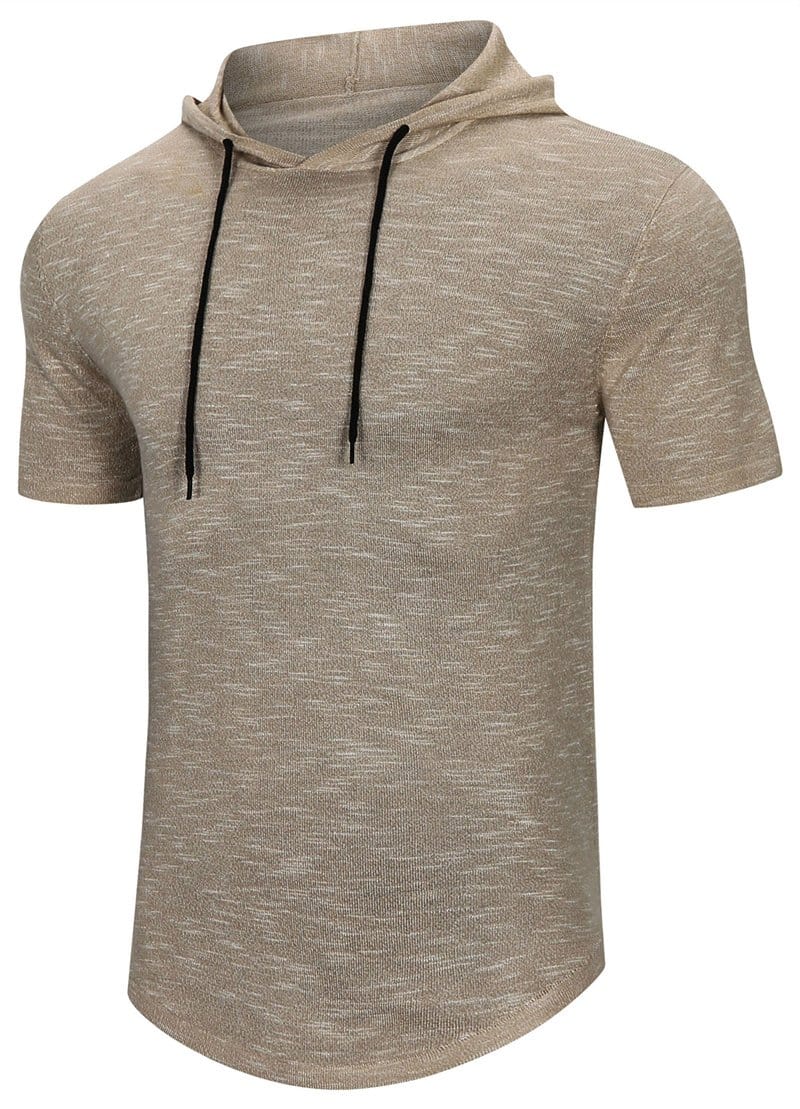 Front detail of a gray men's short-sleeve gym hoodie, showcasing its modern design