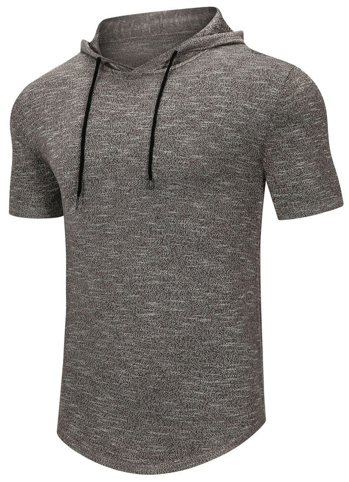 Athlete stretching in a men's short-sleeve performance hoodie, designed for freedom of movement