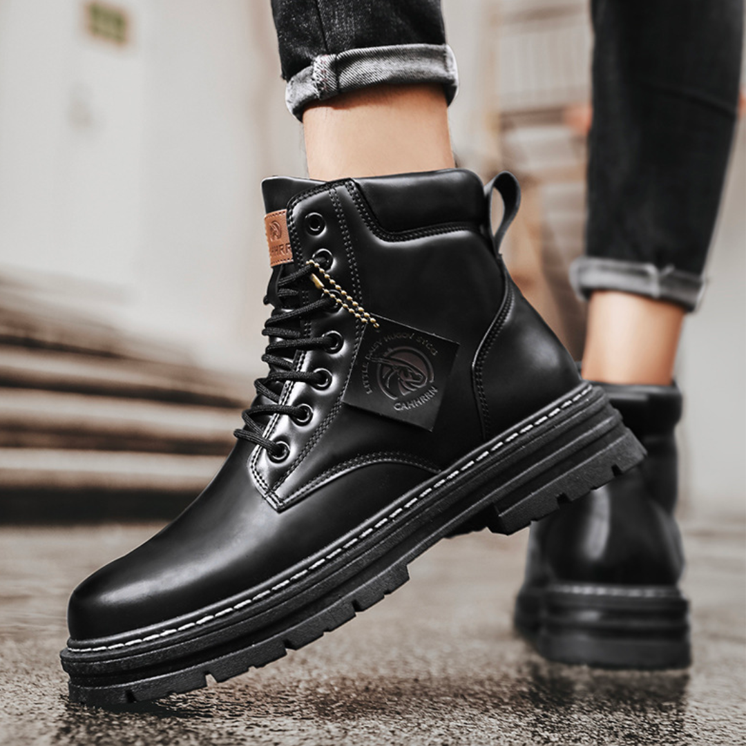 Black men's heavy-duty lace-up ankle boots, durable and stylish for casual wear.