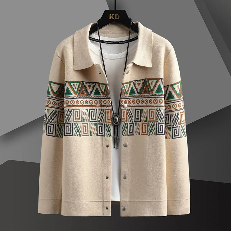 Men's Heritage Pattern Cotton Cardigan in earth tones, a comfortable knit for fall layering.