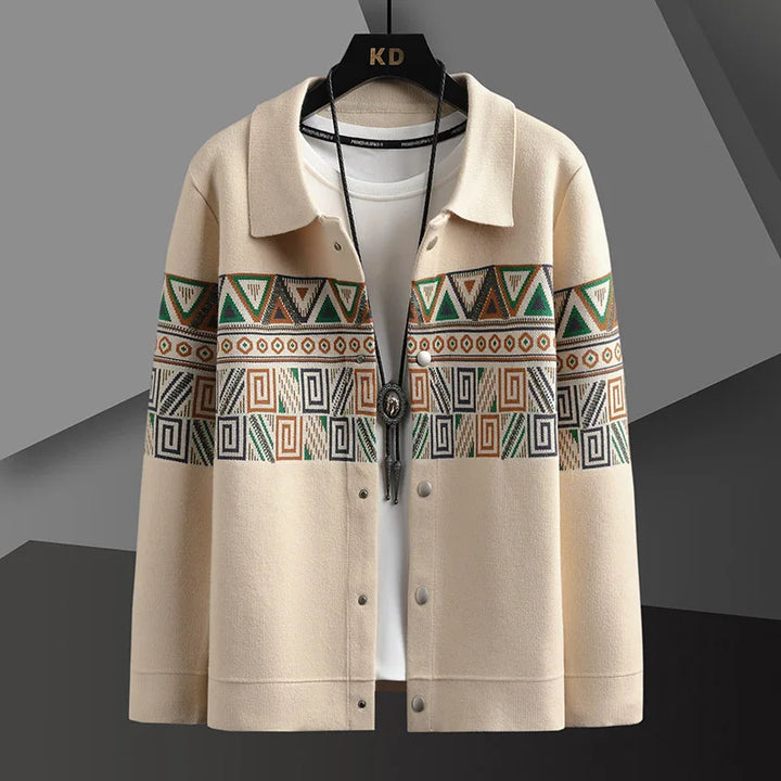 Men's Heritage Pattern Cotton Cardigan in earth tones, a comfortable knit for fall layering.