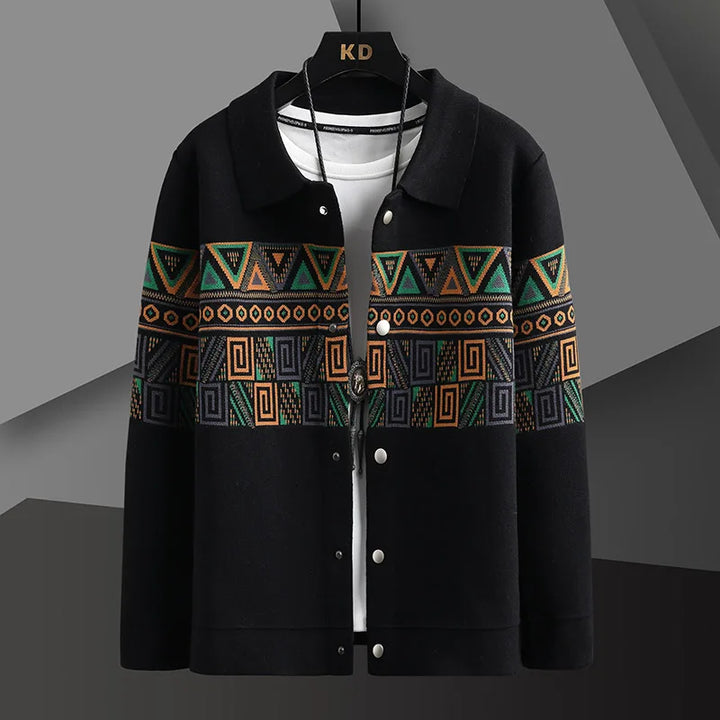Geometric pattern men's cotton cardigan, perfect for a casual heritage style.