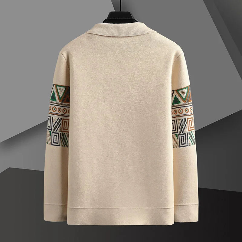 Fall fashion men's knit cardigan with heritage geometric pattern, ideal for layering.