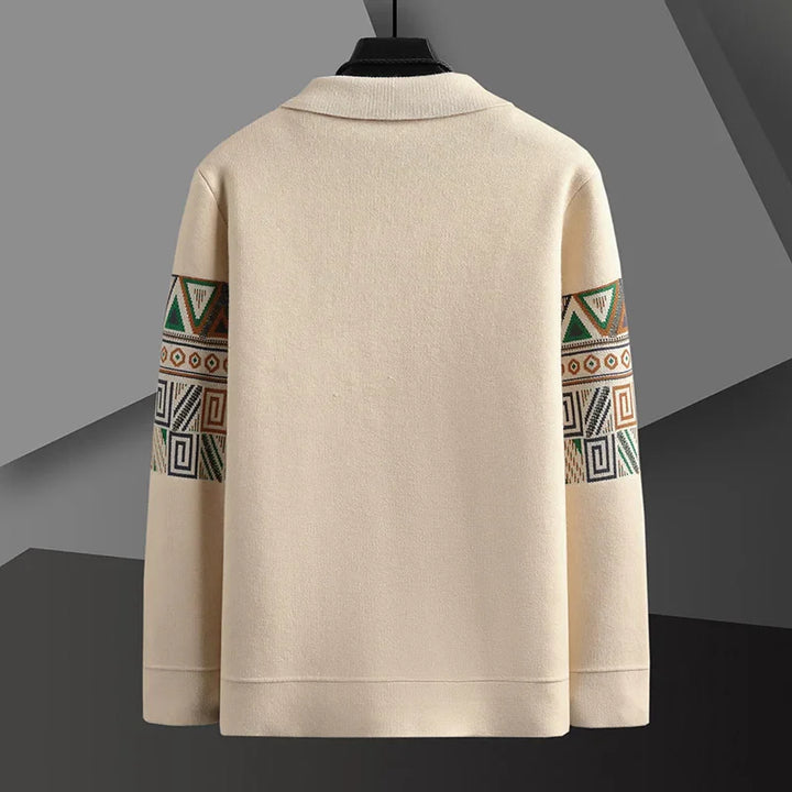 Fall fashion men's knit cardigan with heritage geometric pattern, ideal for layering.