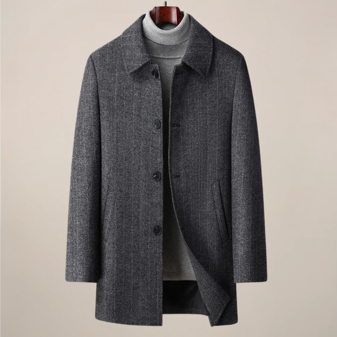 Men's herringbone car coat with stylish point collar. A classic overcoat for modern men.