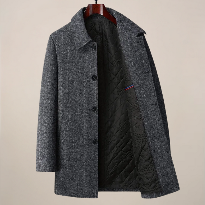 Stylish men's herringbone overcoat, a sophisticated trench coat for fall & winter fashion.