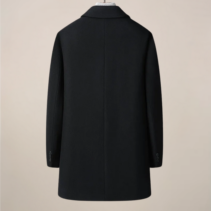 Durable men's herringbone fall jacket, a warm and stylish winter overcoat with a sharp collar.