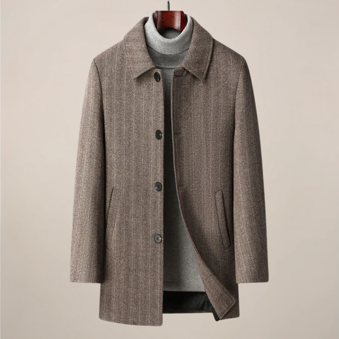 Versatile men's herringbone outerwear, a timeless car coat design suitable for smart casual looks.