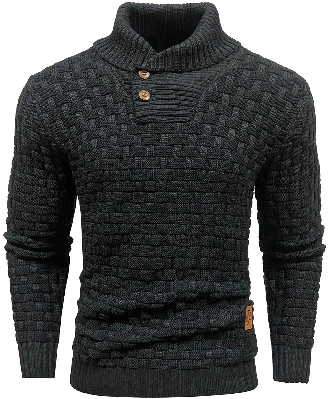 Men's high collar button-up sweater in a textured knit, ideal for winter fashion.