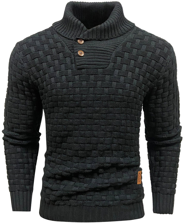 Men's high collar button-up sweater in a textured knit, ideal for winter fashion.
