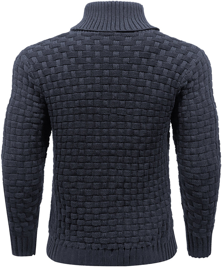Men's casual high collar button-up sweater in a comfortable polyester knit.