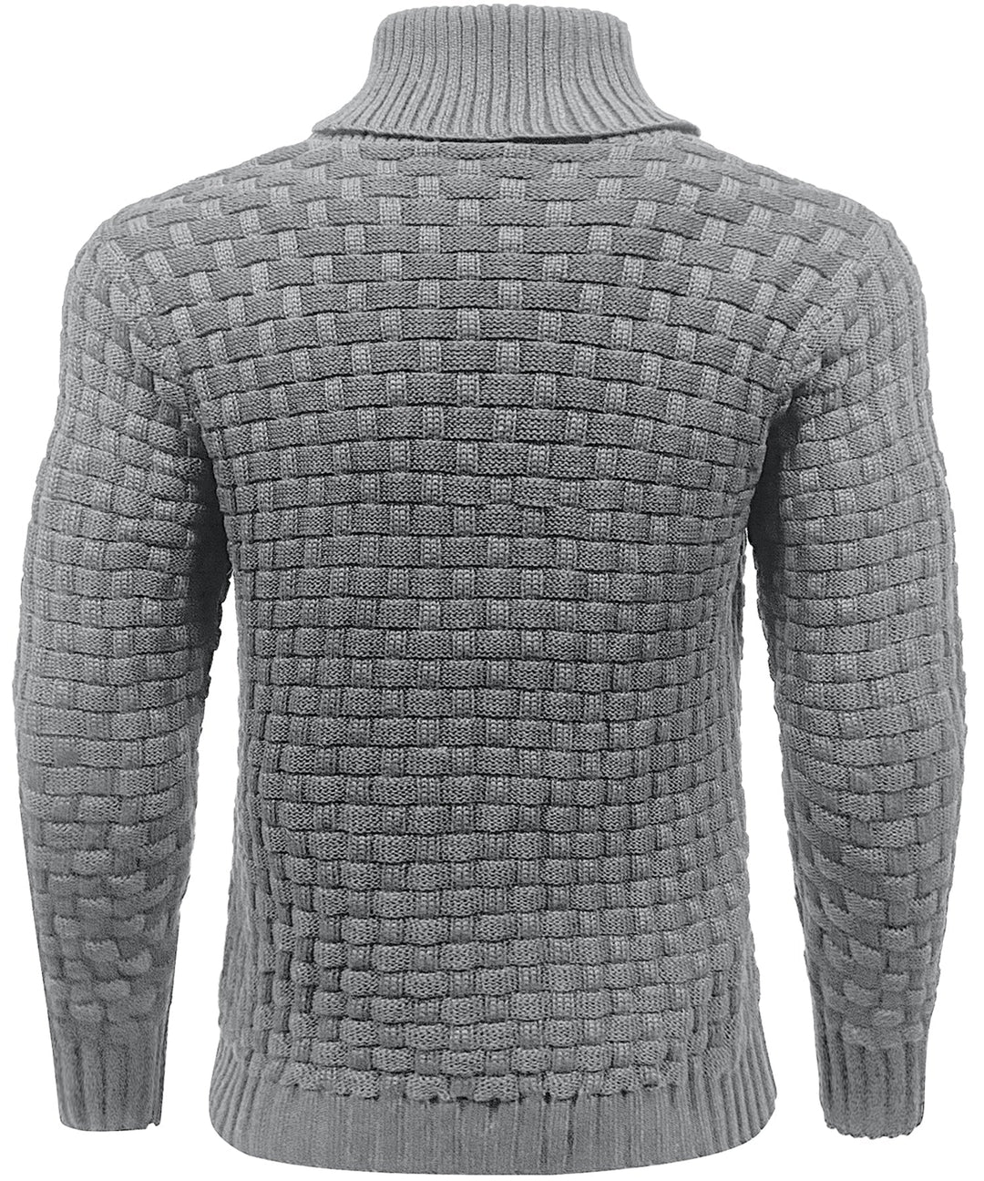 Three-quarter view of a men's button sweater, showcasing its high collar design.
