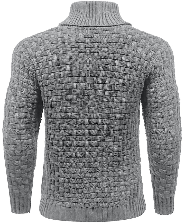 Three-quarter view of a men's button sweater, showcasing its high collar design.