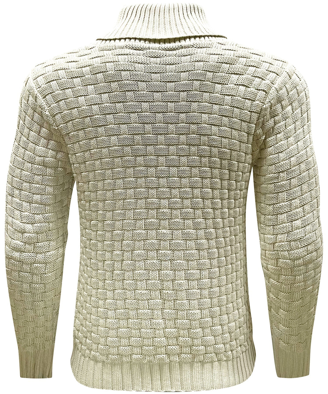 Men's winter fashion pullover with a prominent high collar and functional buttons.