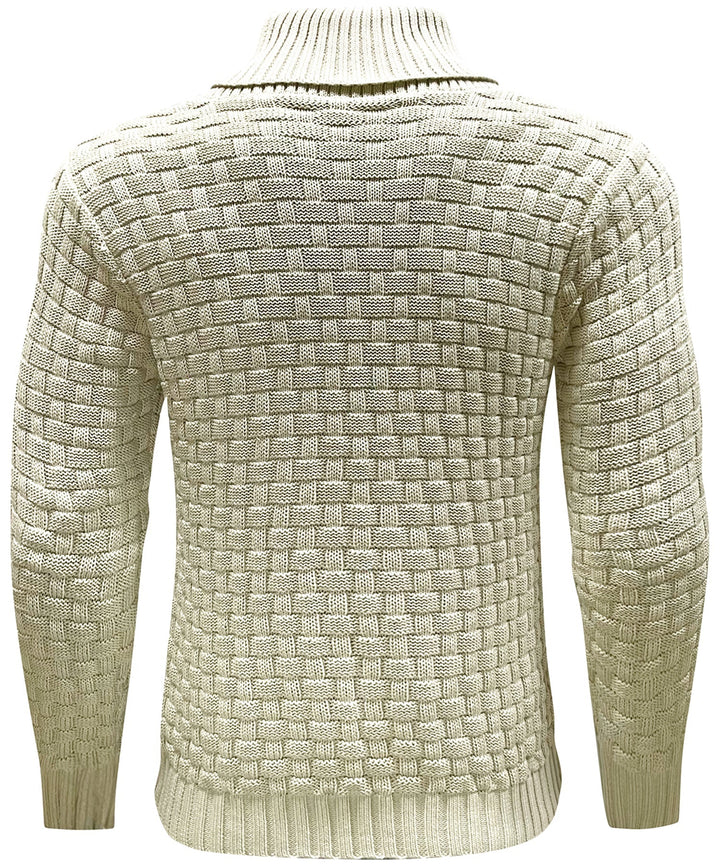 Men's winter fashion pullover with a prominent high collar and functional buttons.