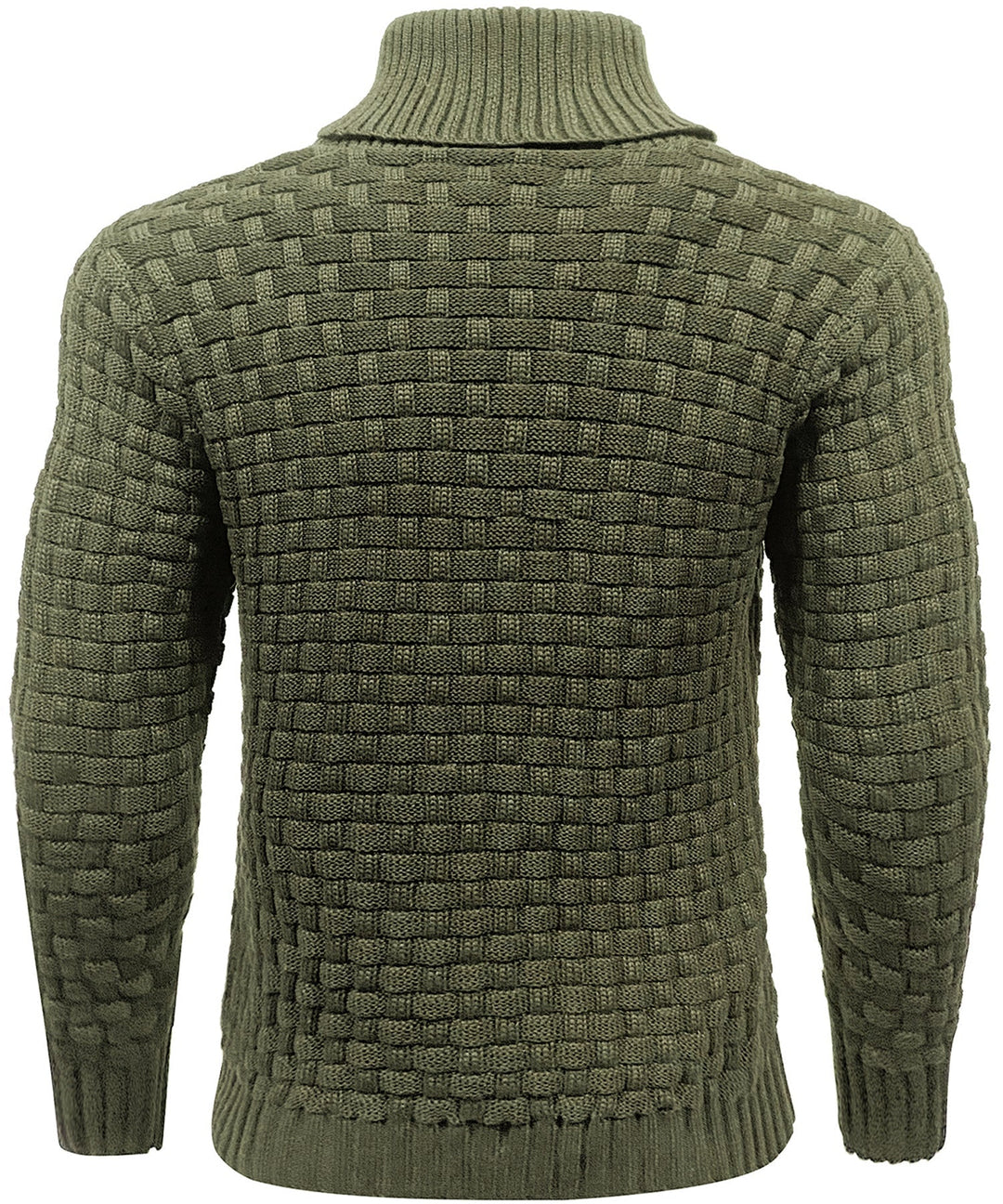 Close-up on the textured knit fabric of a men's high collar button sweater.