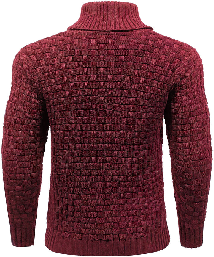 Men's high collar button-up sweater folded neatly, displaying its knit quality.