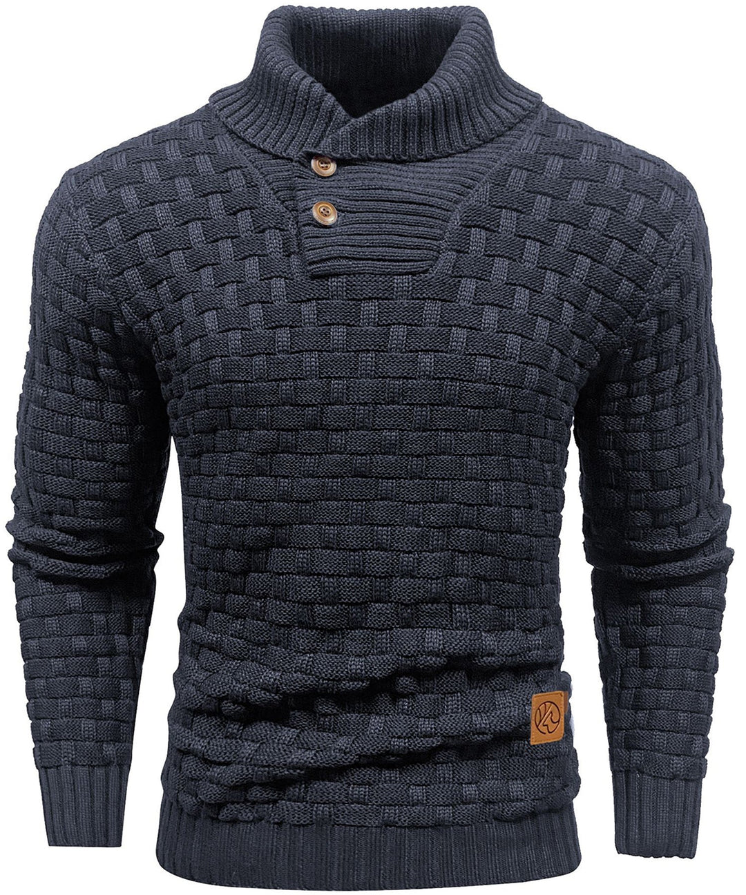 Men's polyester high collar button-up sweater, designed for warmth and style.