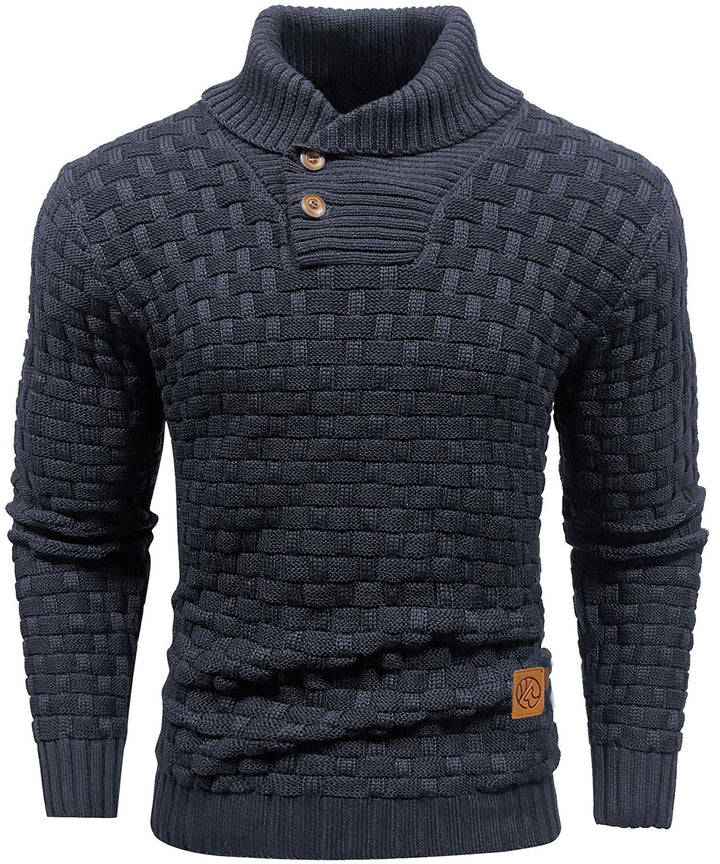 Men's polyester high collar button-up sweater, designed for warmth and style.