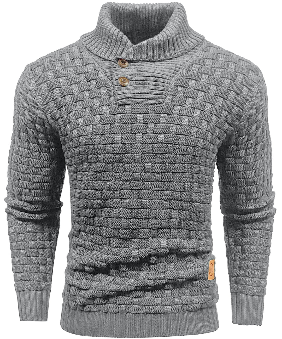 Fashionable men's button sweater with a protective high collar, winter essentials.