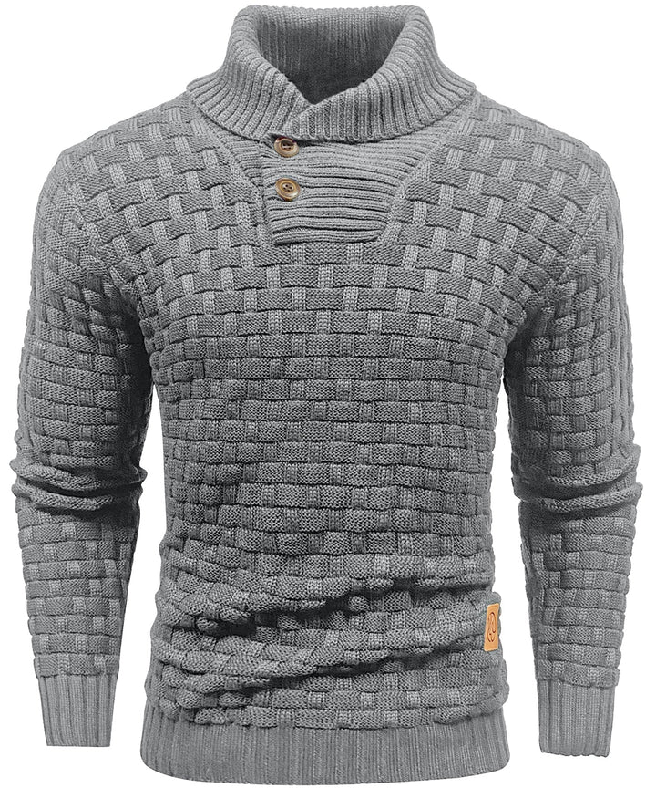 Fashionable men's button sweater with a protective high collar, winter essentials.
