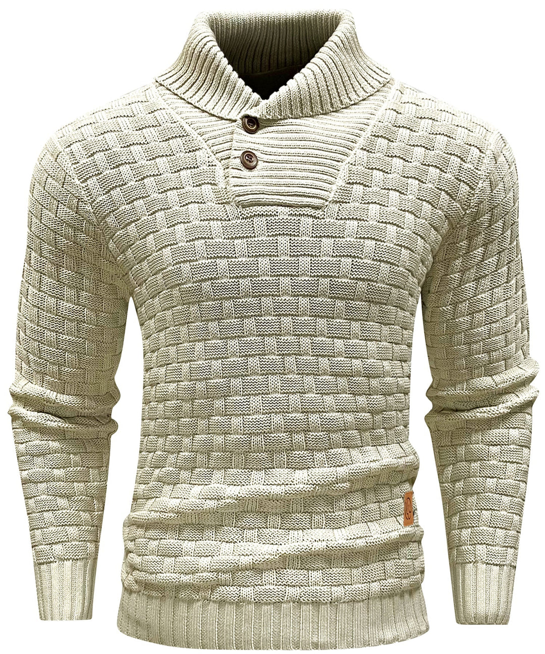 Men's elegant high collar knit pullover with a button-up front, modern style.