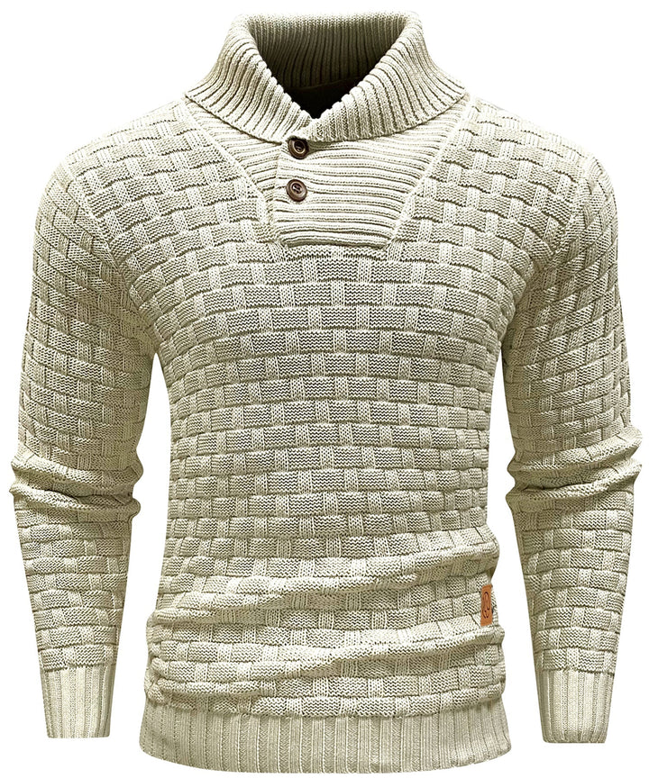 Men's elegant high collar knit pullover with a button-up front, modern style.