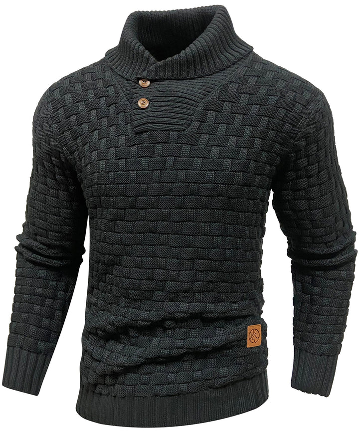 Close-up of a men's high collar button sweater showing knit texture and button detail.