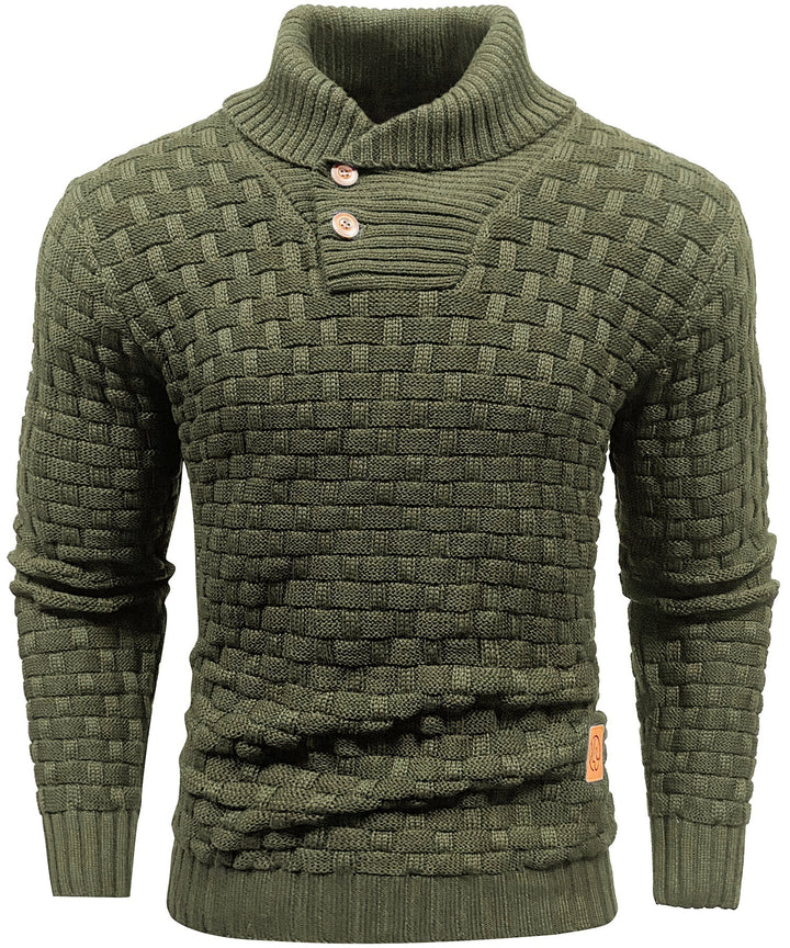 Detail of the high collar and buttons on a men's textured knit sweater.