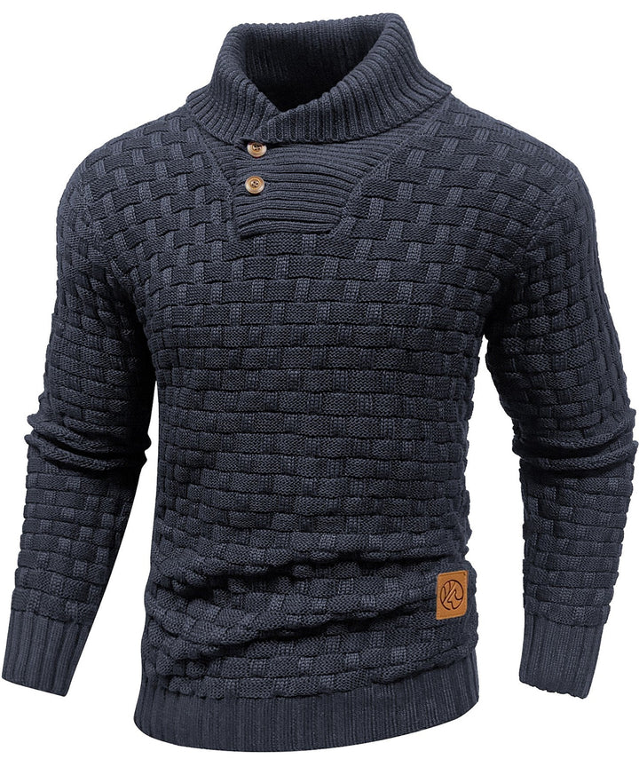 Stylish men's polyester high collar pullover sweater, perfect for cold weather.