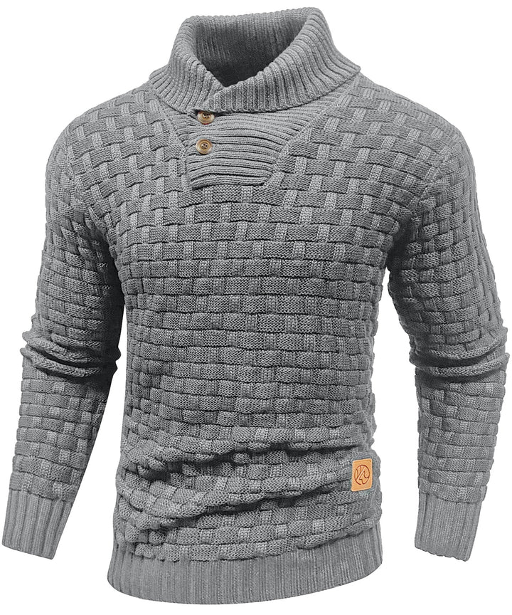 Front view of a men's button-up knitwear sweater with a distinguished high collar.