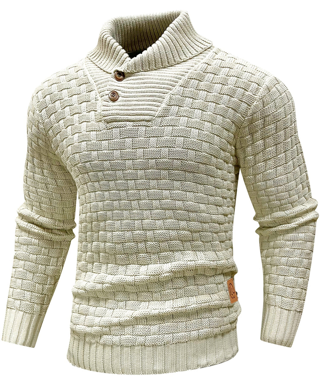 Men's textured knit sweater with a stand-up collar and button placket, winter apparel.