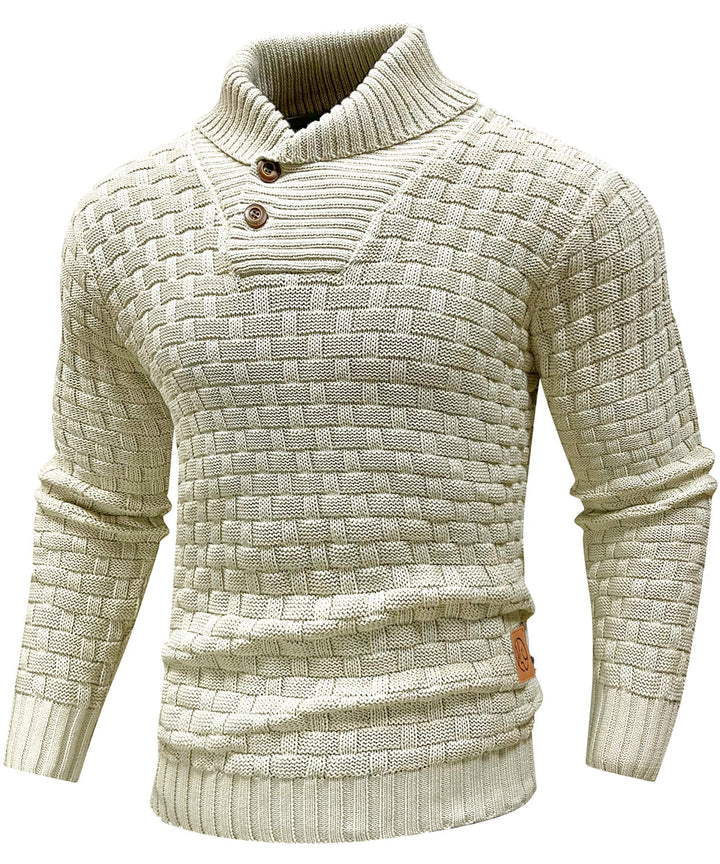 Men's textured knit sweater with a stand-up collar and button placket, winter apparel.