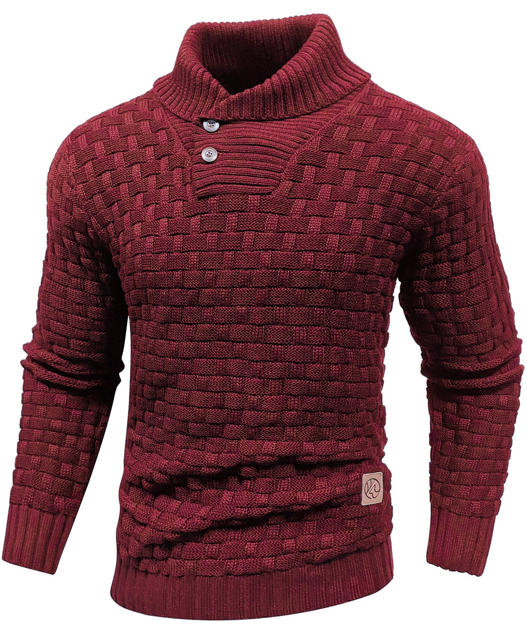 Side profile of a men's knitwear pullover, highlighting its high collar and fit.