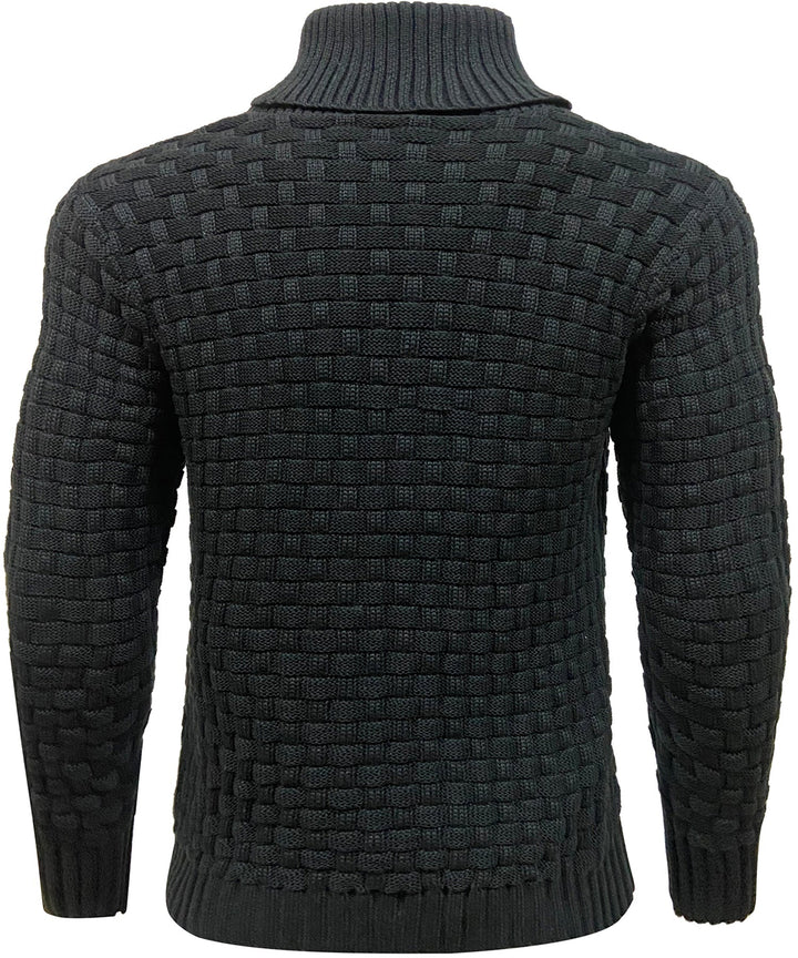 Dark-colored men's high collar button sweater, great for smart casual winter looks.