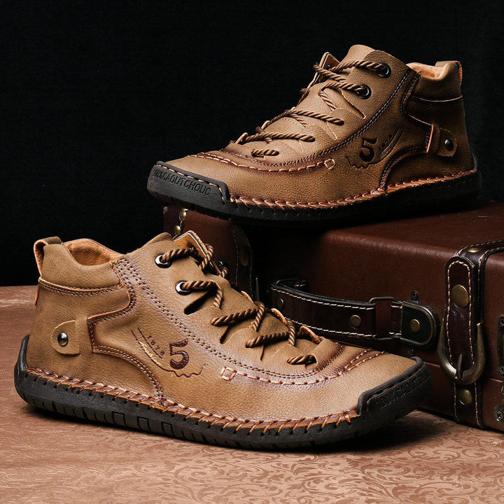Front view of men's high-top leather loafers, hand-stitched for an authentic casual look