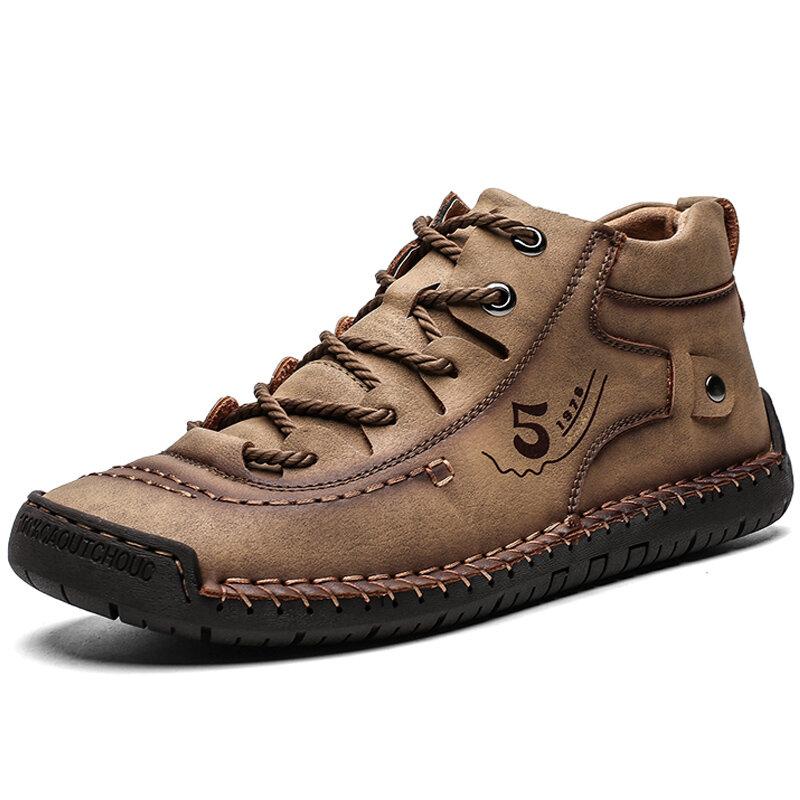 Close-up of men's hand-stitched cowhide leather high-top loafers for casual wear