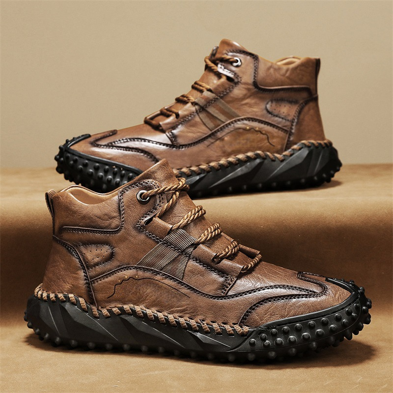 Cutaway view of men's high-top orthopedic comfort shoe, showing layered cushioning and support