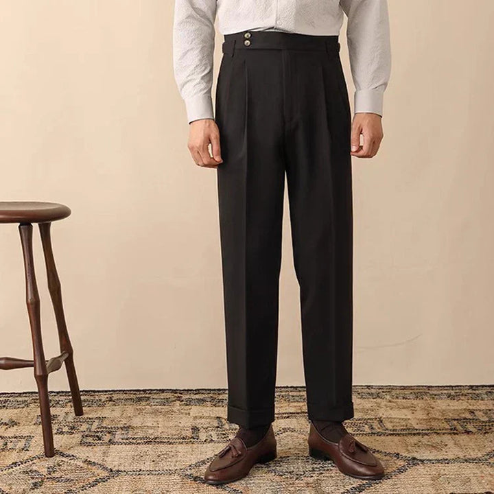Men's modern pleated high-waisted smart wear trousers, offering a tailored fit with a chic side buckle.