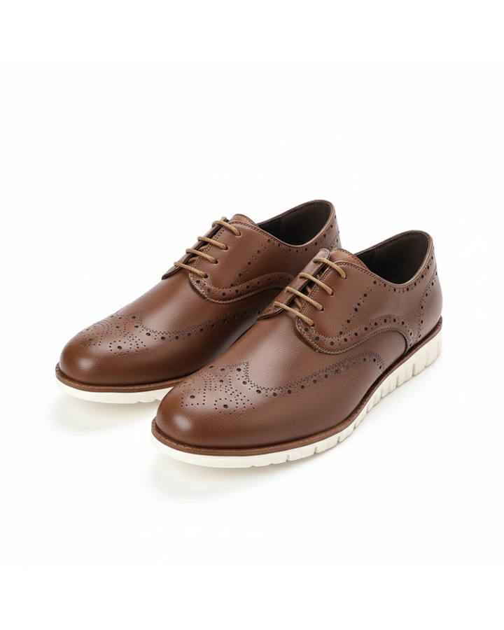 Men's hybrid brogue dress sneakers in a tan finish, blending formal and casual styles.