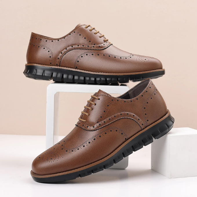 Overhead shot of men's casual brogue sneakers, perfect for modern men's fashion.