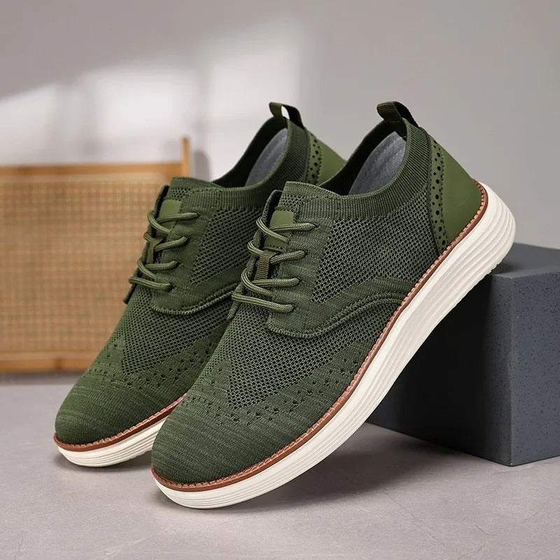 Men's knit upper hybrid dress sneakers, offering breathability and sophisticated style for any event.
