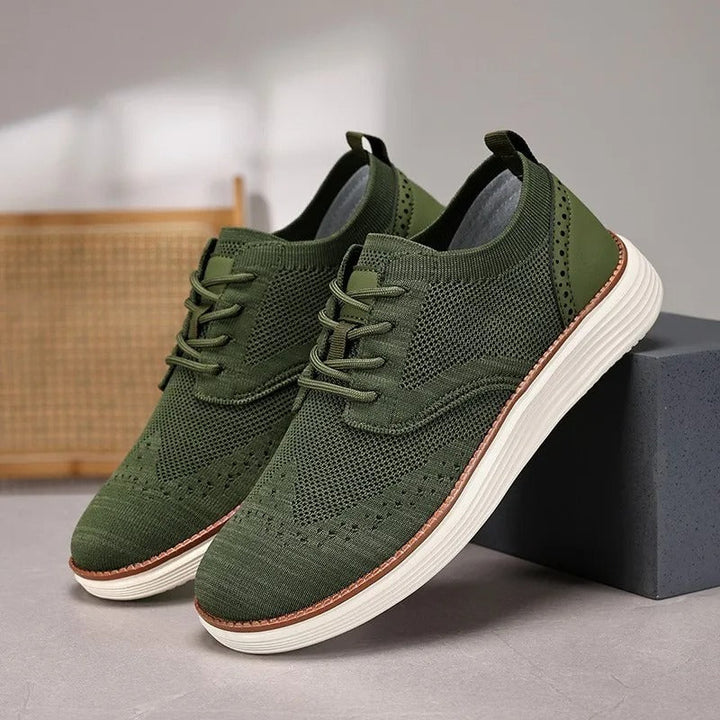 Men's knit upper hybrid dress sneakers, offering breathability and sophisticated style for any event.