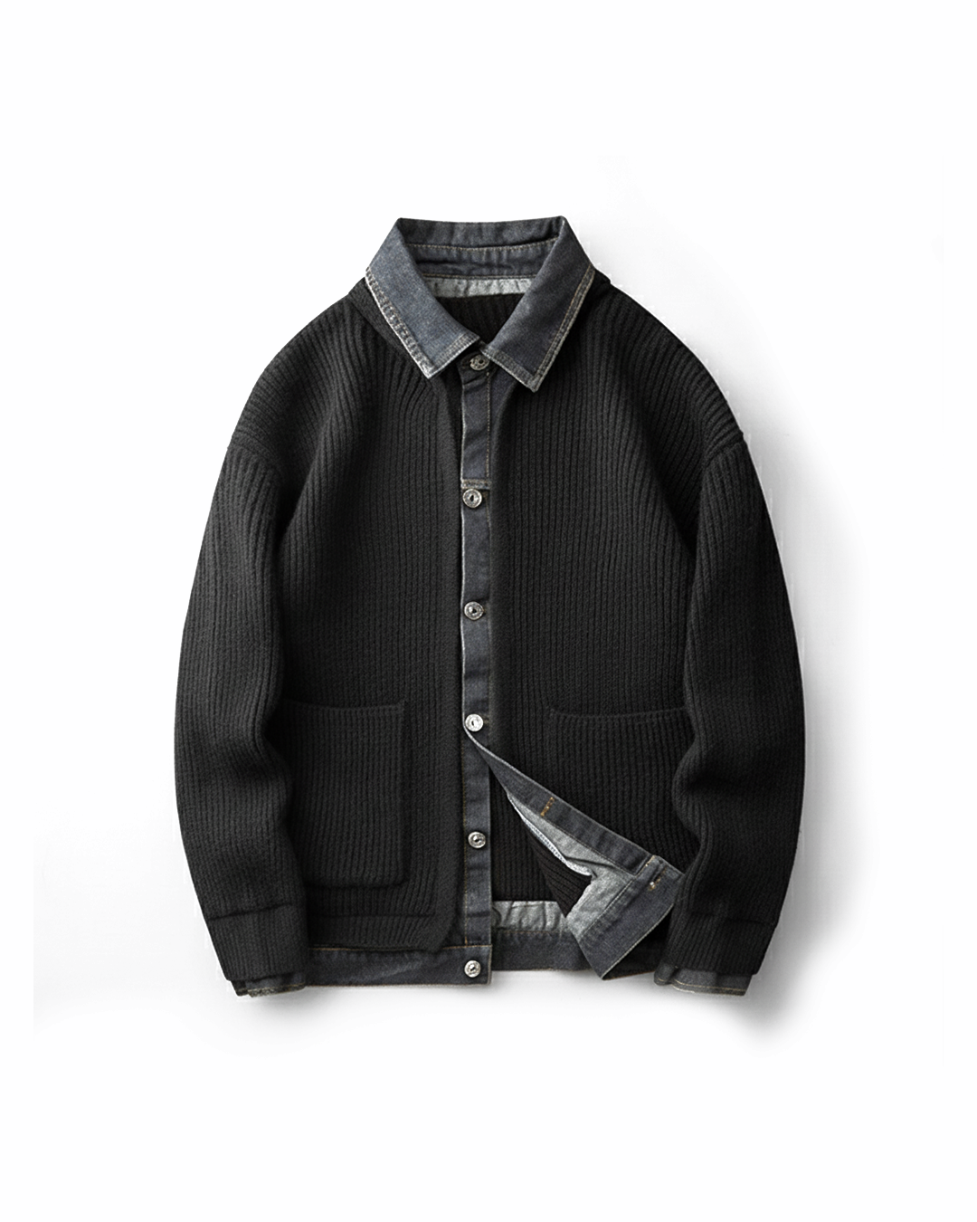 Men's hybrid knit sweater featuring denim trim, ideal for casual winter fashion.