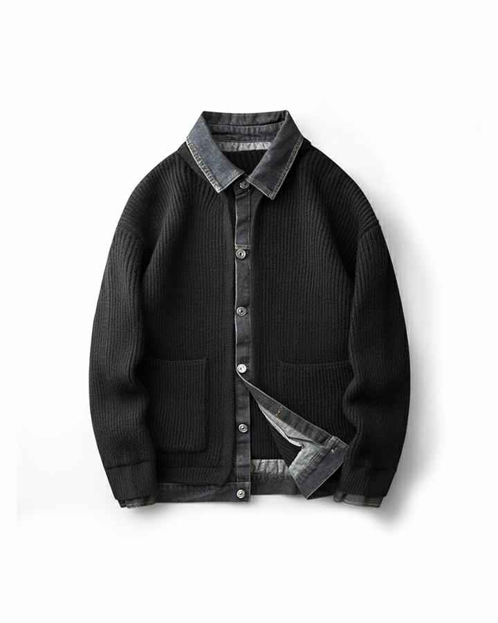 Men's hybrid knit sweater featuring denim trim, ideal for casual winter fashion.