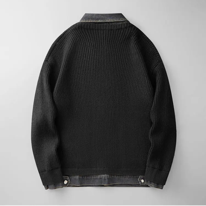 Close-up of a men's hybrid sweater, showcasing the knit texture and denim trim detail.