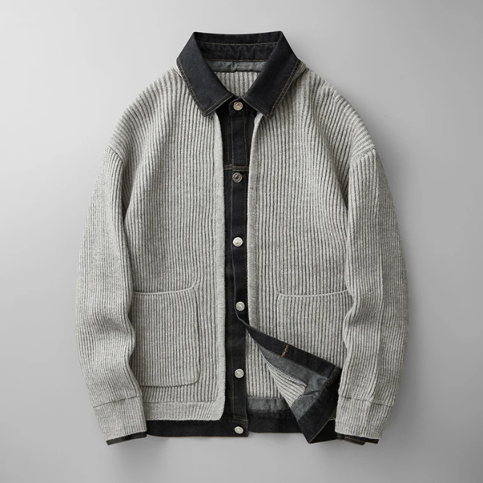Model wearing a men's casual hybrid knit sweater with denim trim, perfect for men's style.