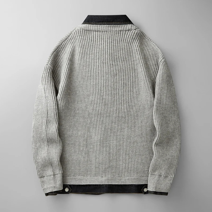 Winter fashion men's hybrid sweater, combining comfortable knitwear with modern denim.